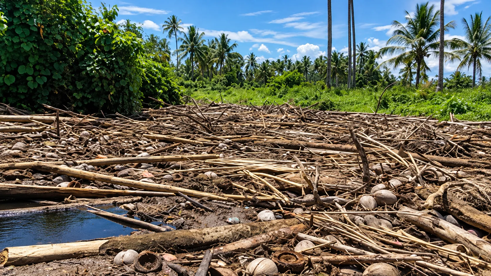 Aliran Kali Pekaulang yang dipenuhi batang kayu dan batok kelapa